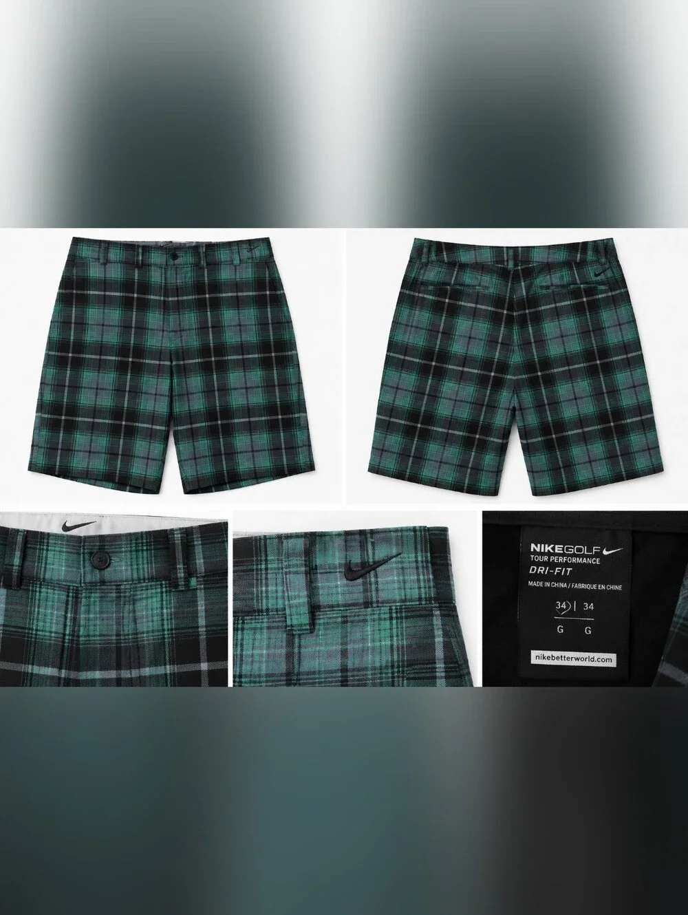Nike Golf Dri-FIT Tour Performance Plaid Golf Shorts Men's 34 Green Black.